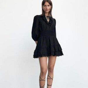 Zara Black Ruffle Hem Eyelet Detail 3/4 Sleeve Cotton Mini Dress S NWOT